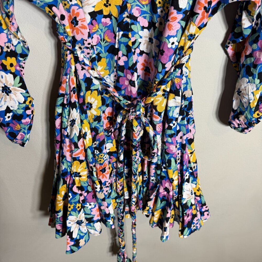 Storia Balloon Sleeve Floral Mini Swing Dress Women's Small Multicolor Belted - Picture 7 of 13